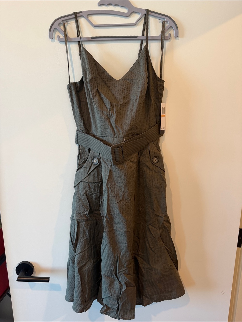 NWT City Studio Olive Green Textured Belted Midi Dress Size 7